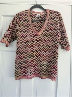 Medium Knit V-Neck Chevron Sweater - Pink/Brown Missoni Mohair
